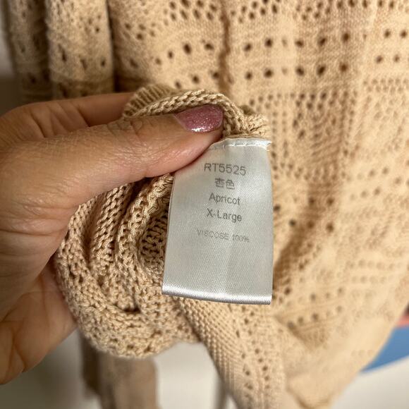 Boho Cinch Front Crochet Top XL V Neck Knit Ruched Tie Long Sleeve Cream Womens - Picture 6 of 7